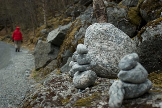 Group of stones build by a man to indicate the path