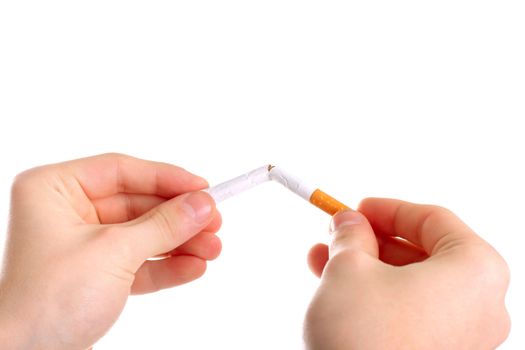 person breaking a cigarette isolated on the white