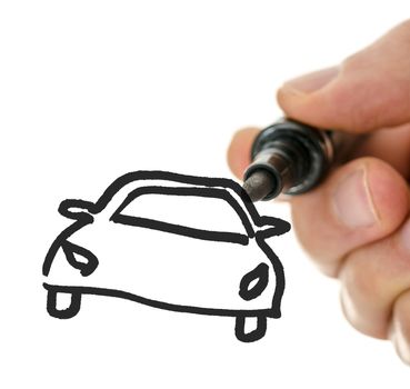 Male hand drawing car on virtual whiteboard.