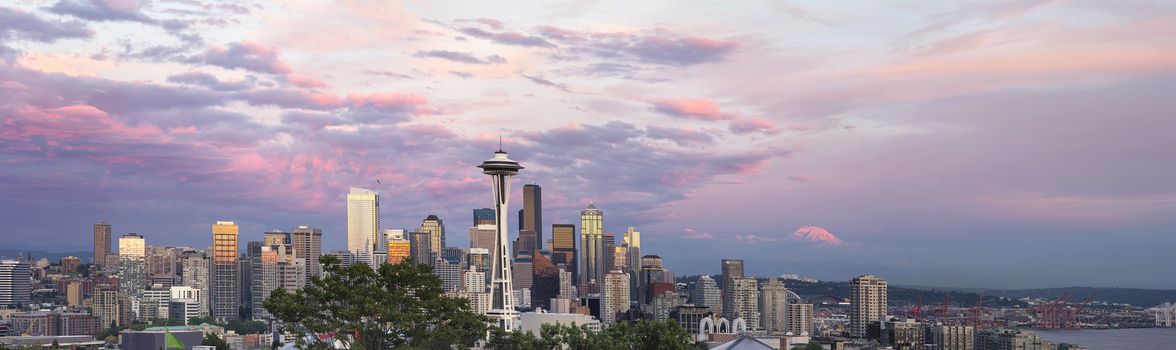 Seattle Washington City Downtown Skyline with Puget Sound and Mount Rainier at Sunset Panorama