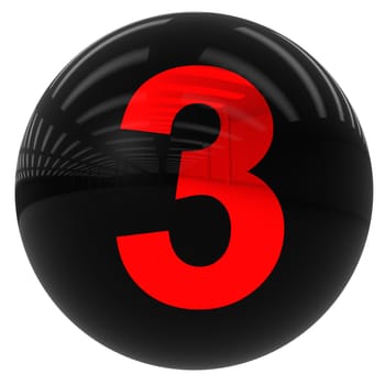 3d black ball with the number three isolated on white with clipping path