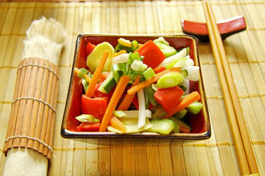 Bowl of freshly prepared Asian vegetables ready to serve.