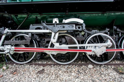 Detail of the wheels on a steam train