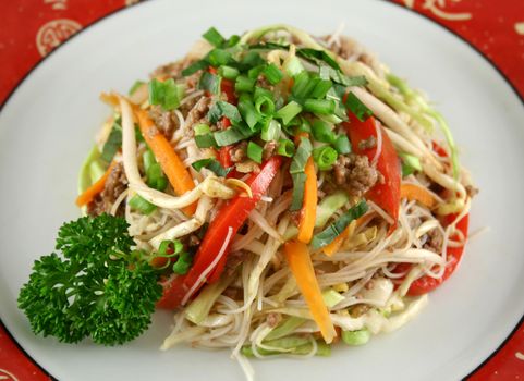 Stirfry beef chow mein with fresh Chinese vegetables.