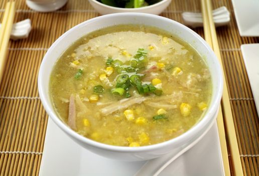 Delicious Chinese chicken and corn soup ready to serve.