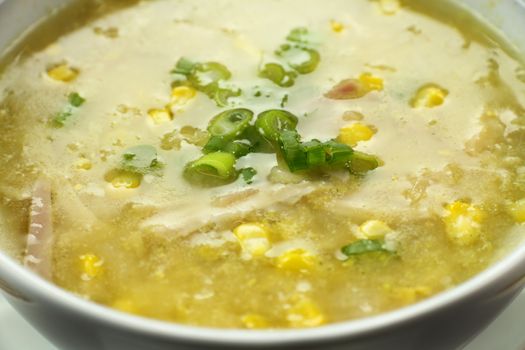 Delicious Chinese chicken and corn soup ready to serve.