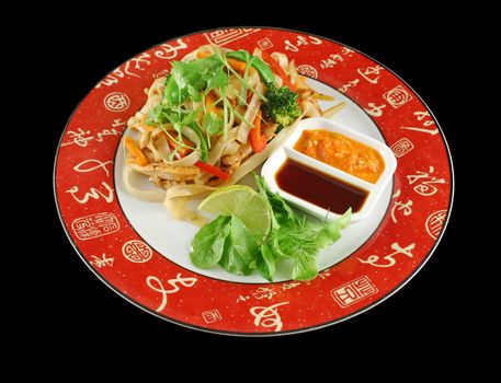 Chicken and rice noodle stirfry with soy and sambal olek sauces.