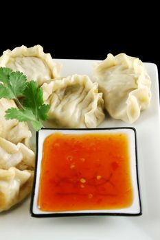 Delicious fried pork and vegetable Chinese dumplings ready to serve.