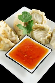 Delicious fried pork and vegetable Chinese dumplings ready to serve.