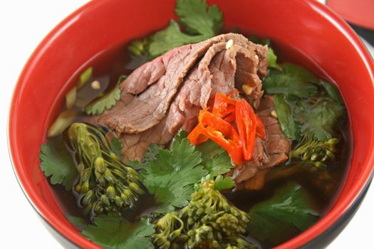 Soy and ginger beef with broccolini ready to serve.