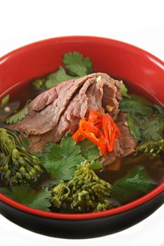 Soy and ginger beef with broccolini ready to serve.