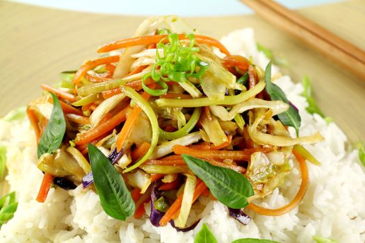 Delicious vegetarian asian stir fry on boiled white rice with thai basil and vietnamese mint.