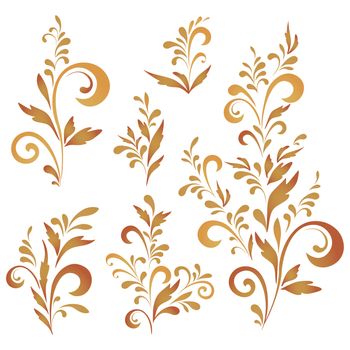 Set abstract floral patterns, red and brown silhouettes on white background.