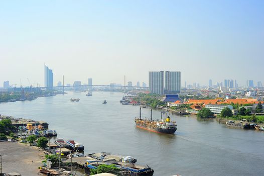 Aerial view of Chao Phraya River in Bangkok, Thailand