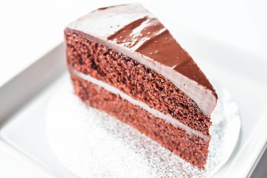 Piece of chocolate sponge cake on white dish