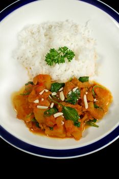 Delicious spicy lamb and tomato curry with rice.