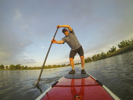 mature male paddler enjoying workout on stand up paddleboard (SUP), calm lake in Colorado, summer