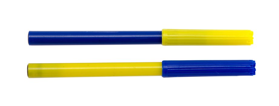 felt tip pens with different blue yellow color plugs caps isolated on white.
