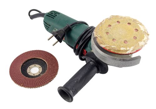 electric sander grinder tool with worn sandpaper head and new head isolated on white background.