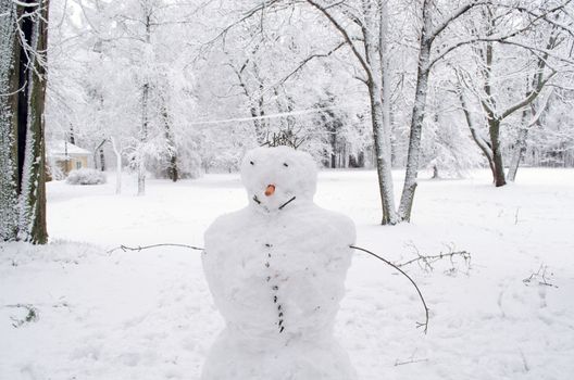 Snow man with wooden hands and carrot nose. Trees covered with dense snow hoar frost. Handmade park decoration.