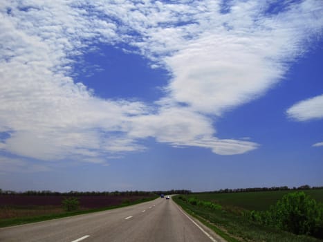 Wide highway and green meadow. The summer travel