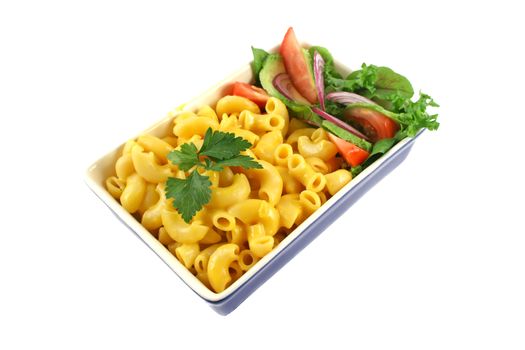 Macaroni cheese and a fresh garden salad ready to serve.