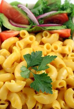 Macaroni cheese and a fresh red onion garden salad ready to serve.