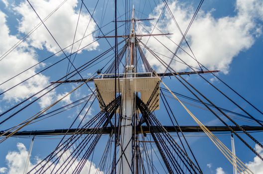Ship Mast of the USS Constitution Warship, against a blue sky