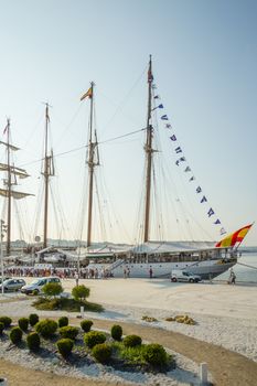 AVILES, SPAIN - JULY 09: Spanish Navy Ship Juan Sebastian Elcano, the training ship of spanish army, docked in the port beside of Niemeyer Cultural Center, on July 09, 2013, in Aviles, Spain