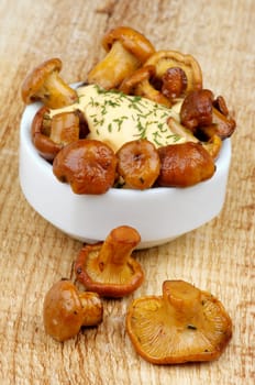 Delicious Roasted Chanterelles with Cheese Sauce in White Bowl on Wooden background