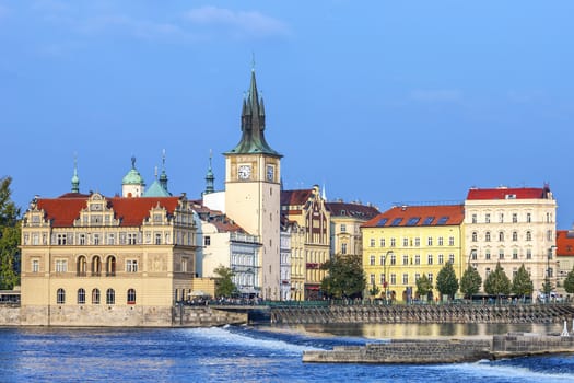View of monuments from the river in Prague