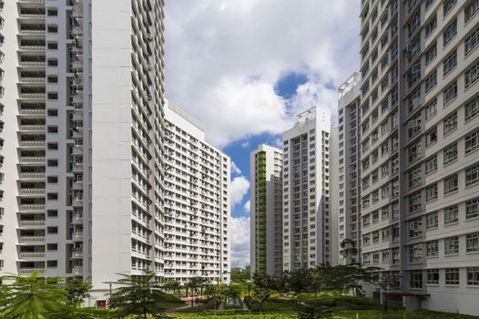 A new estate with a green garden in the center.