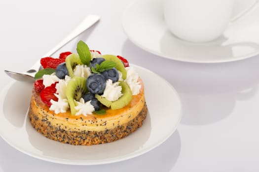 Cheese-cake with strawberry, blueberry, kiwi and cream on white plate.
