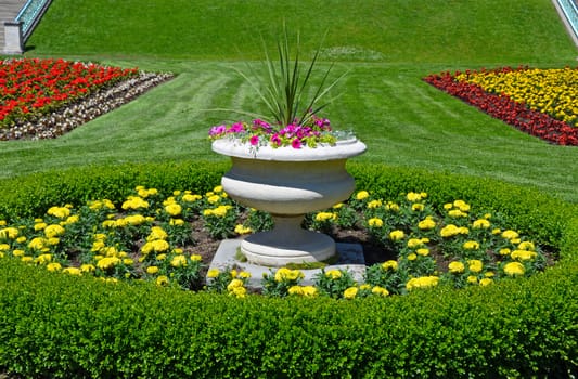 Colorful garden park planter with petunias and marigolds