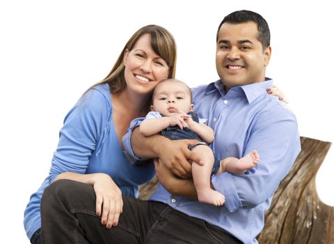 Happy Attractive Mixed Race Young Family Isolated on White.