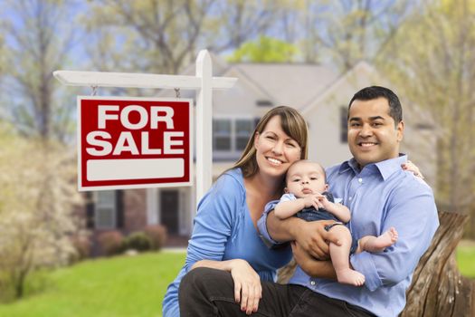 Happy Couple in Front of For Sale Real Estate Sign and New House.