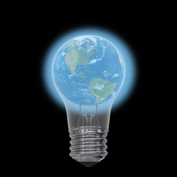 Planet Earth inside lightbulb isolated on black background