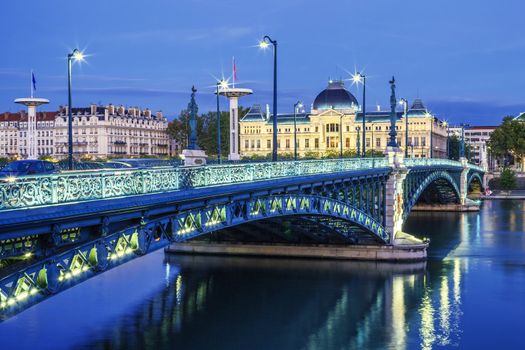 View of bridge and University in Lyon by night 