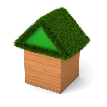 House with green roof made of wooden cubes isolated on white background