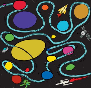 Doodle outer space scene with ships and planets