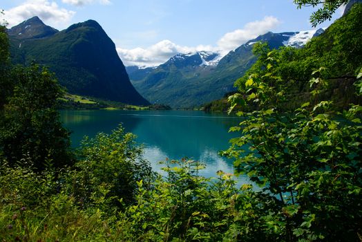 A typical scene from a Norwegian lake at Olden with high mountains, wildflowers and trees surrounding the lake.