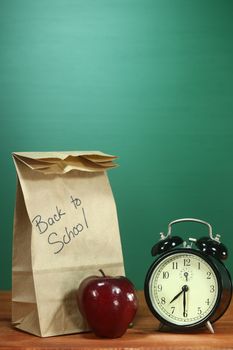 Back to School Lunch, Apple and Clock on Desk
