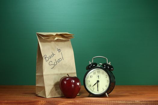 Back to School Lunch, Apple and Clock on Desk