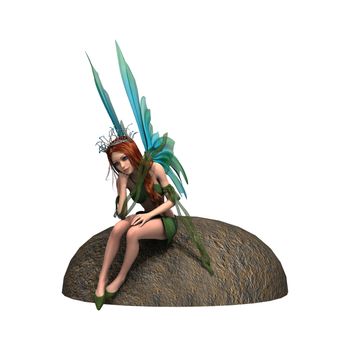 3D digital render of a beautiful fairy sitting on the stone isolated on white background