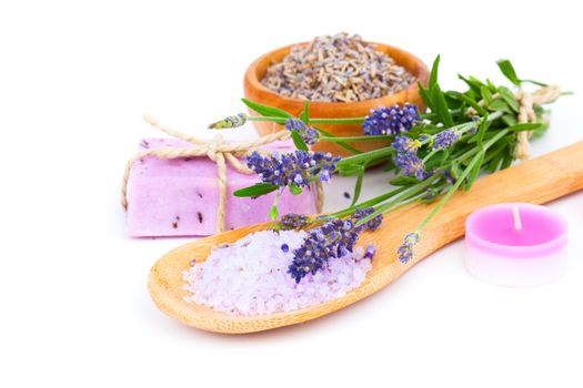 lavender soap, bath salt and candle isolated on white background