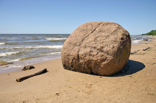 Laucu akmens stone in Latvia Baltic sea resorts near Riga. Riga bay