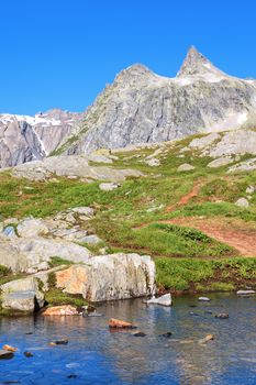 Amazing view of touristic trail in the Swiss Alps 