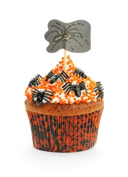 Halloween cupcake with decoration isolated on white