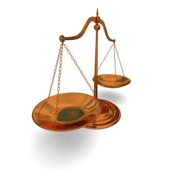 Bronze scale on white background, symbol of law and justice