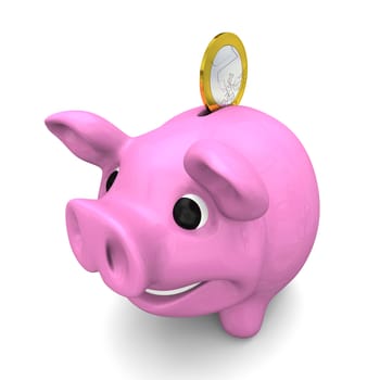 Euro coin falling into ceramic piggy bank, concept of savings and investments, isolated on white background